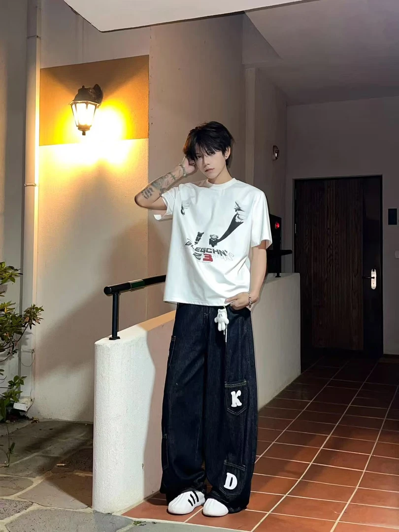 搞怪印花设计小领口短袖美式夏季T恤男女宽松复古半袖上衣-98