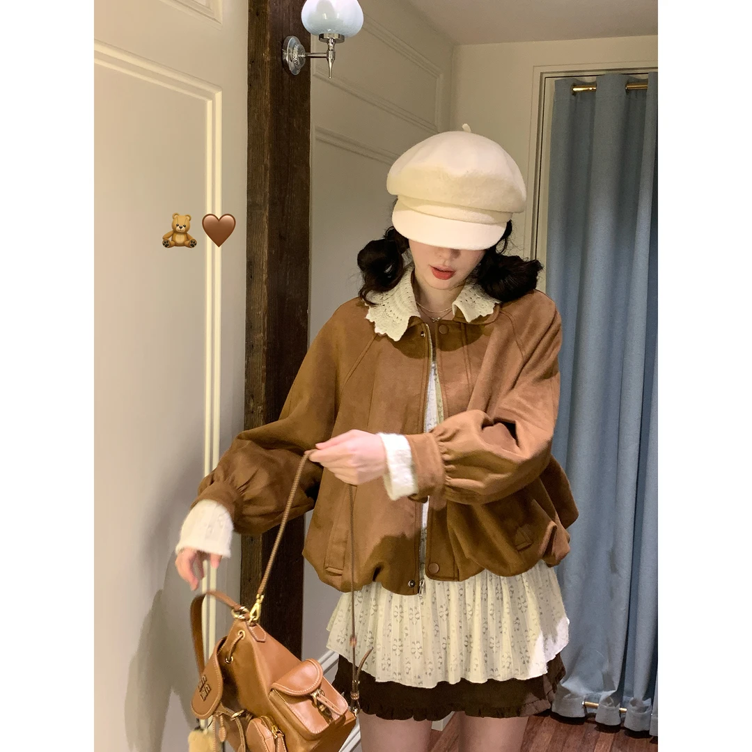 焦糖泡芙 甜美少女风花边翻领麂皮花苞外套秋季2025时尚百搭夹克