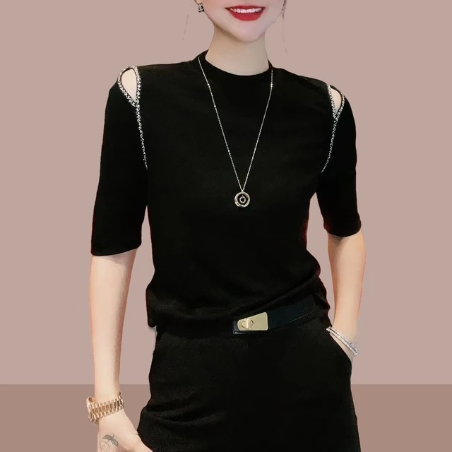 高级感镂空露肩短袖T恤女春夏洋气修身显瘦圆领钉珠黑色打底衫新