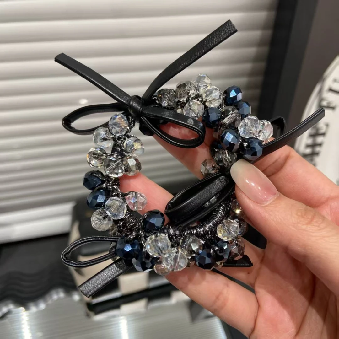 高级感皮革蝴蝶结串珠发圈气质甜美高弹力皮筋韩系绑发头绳