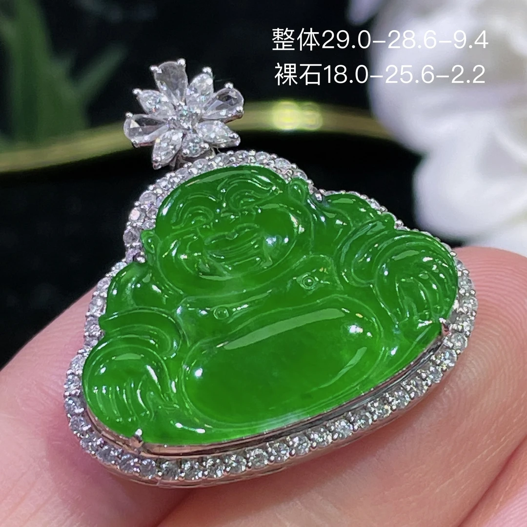 高端翡翠天然缅甸A货18k金镶嵌钻石阳绿色辣绿色满绿佛公吊坠