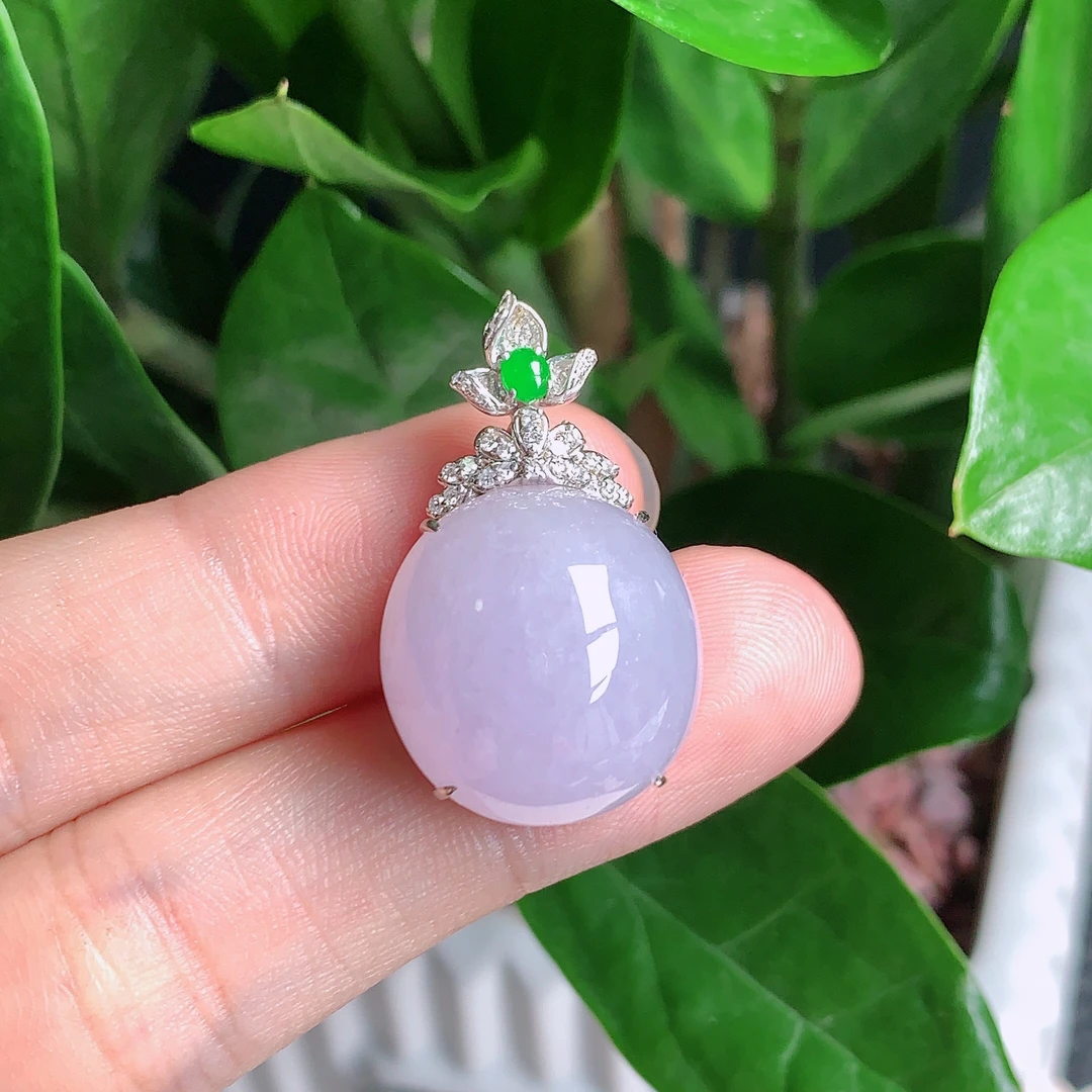 天然翡翠A货，18k金冰润紫罗兰蛋面挂件31*18*14mm裸石19*18mm0531