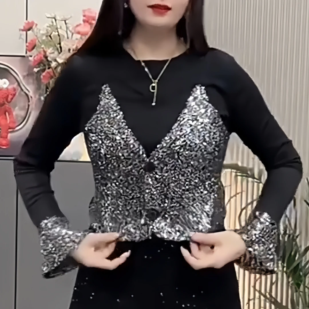 德绒假两件长袖打底衫女春秋2025新款气质亮片拼接喇叭袖显瘦上衣