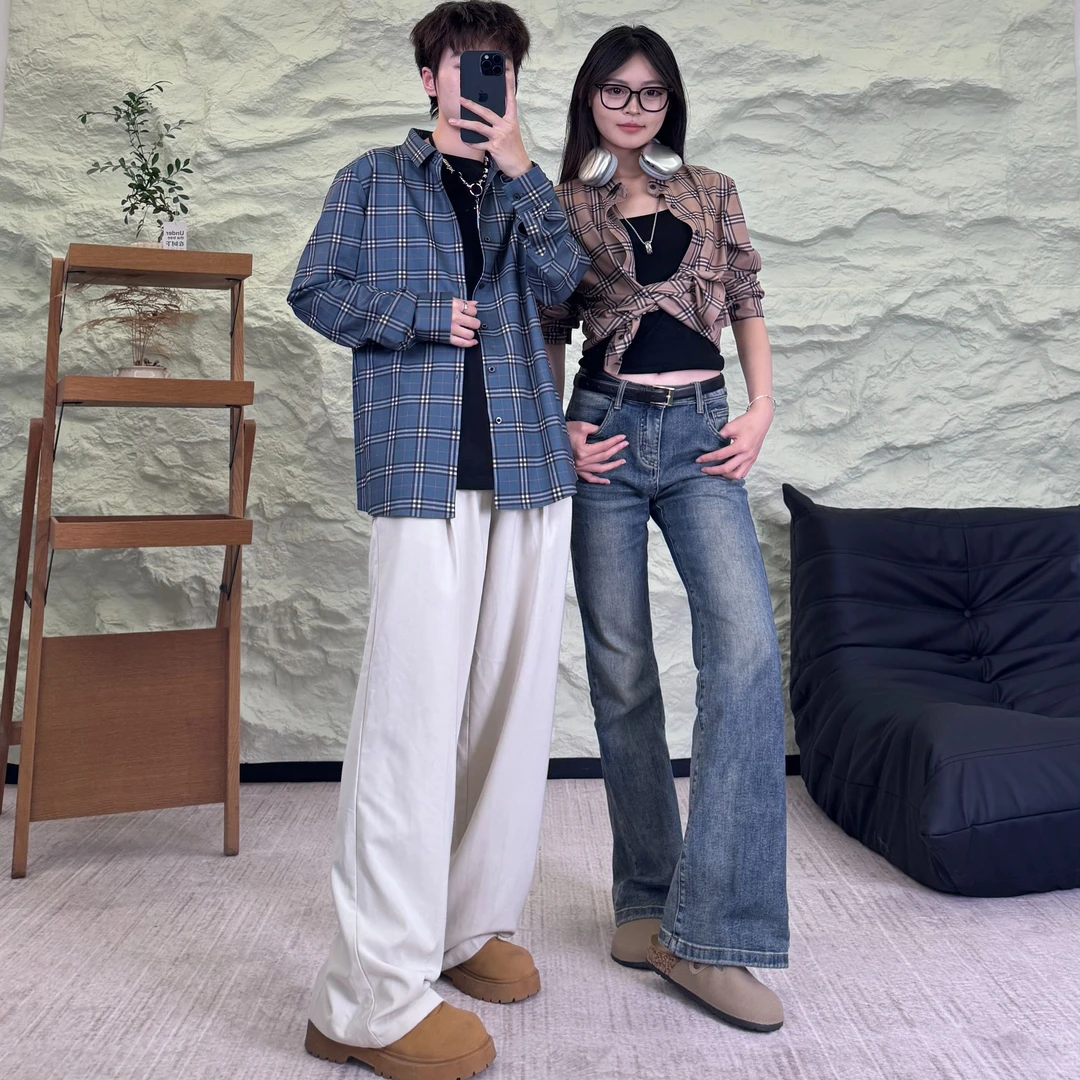 DT潮牌秋季美式复古百搭情侣大格子衬衫格子衬衫内搭叠穿潮牌衬衣