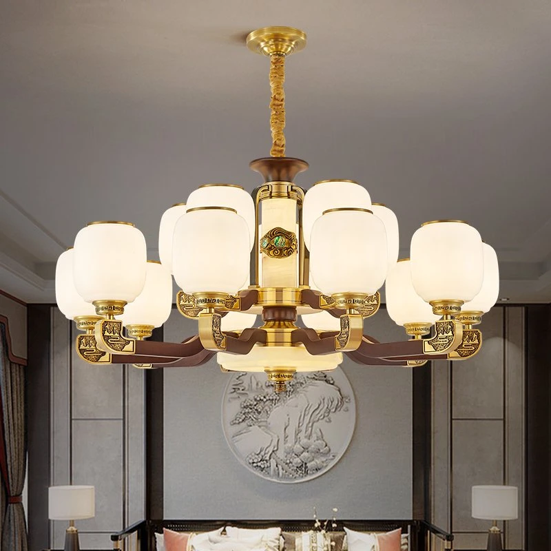 2025年新款新中式家用全铜玉石吊灯卧室客厅餐厅吊灯别墅客厅大灯
