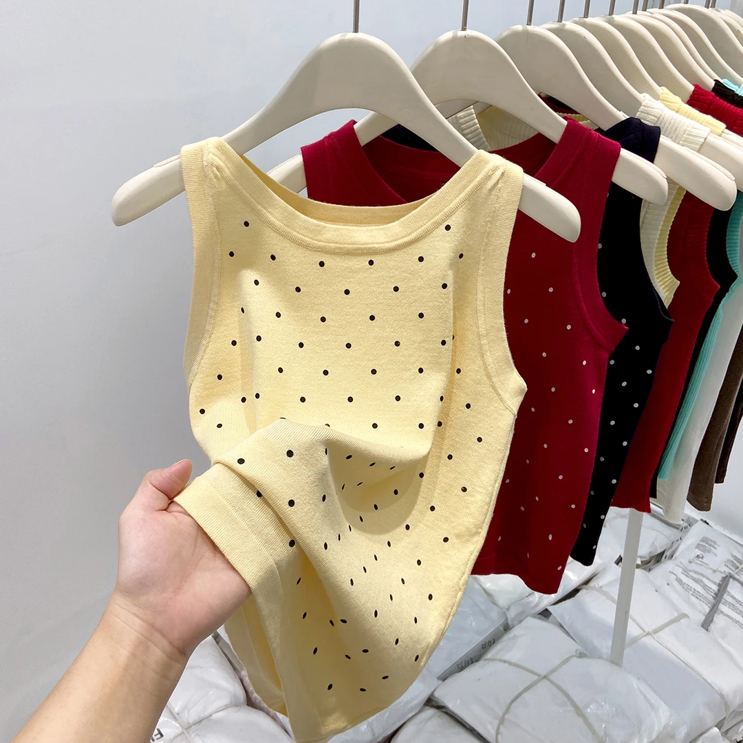 黄色波点圆领针织背心女春夏季修身显瘦辣妹打底无袖吊带外穿上衣