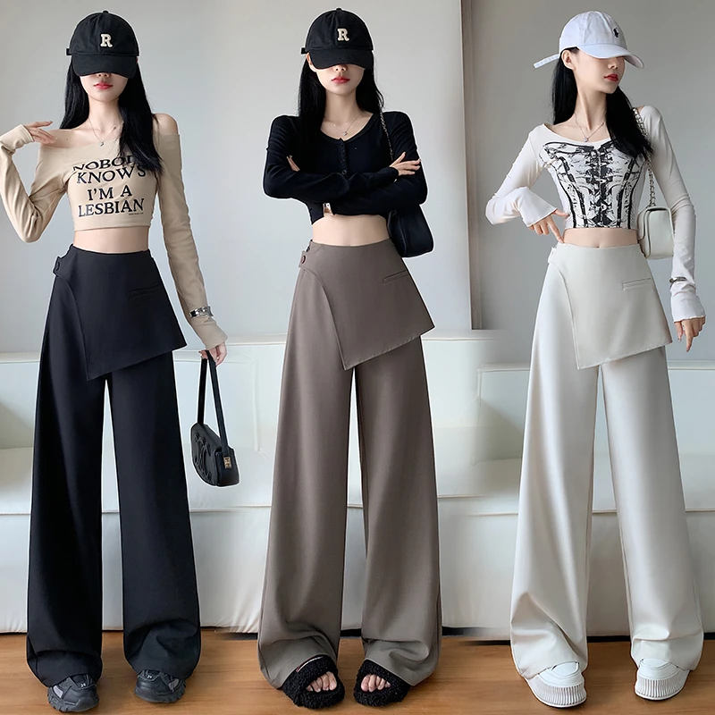 假两件设计感西装阔腿裤女秋季新款屁帘高腰遮胯显瘦休闲直筒裤子