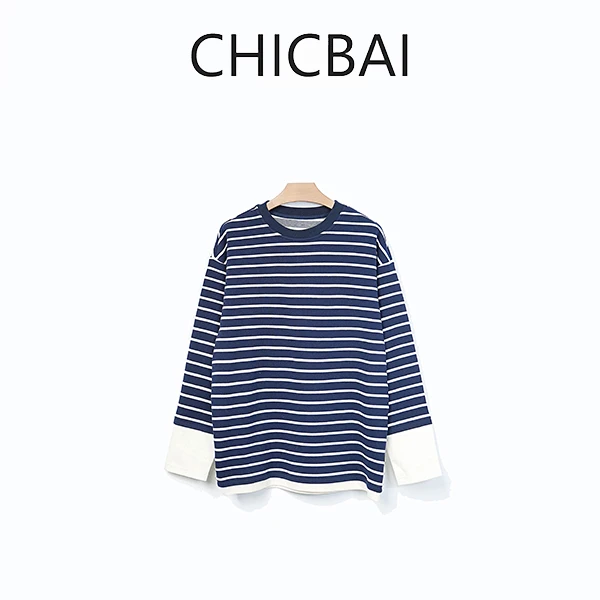 CHICBAI 高克重密织撞色条纹长袖松弛T恤