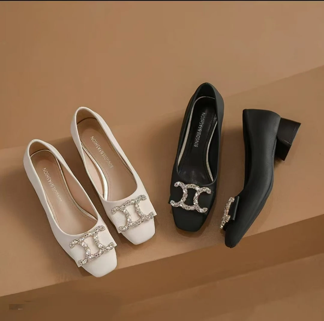 夏季粗跟101法式尖头单鞋春方头中跟女夏季薄款浅口鞋