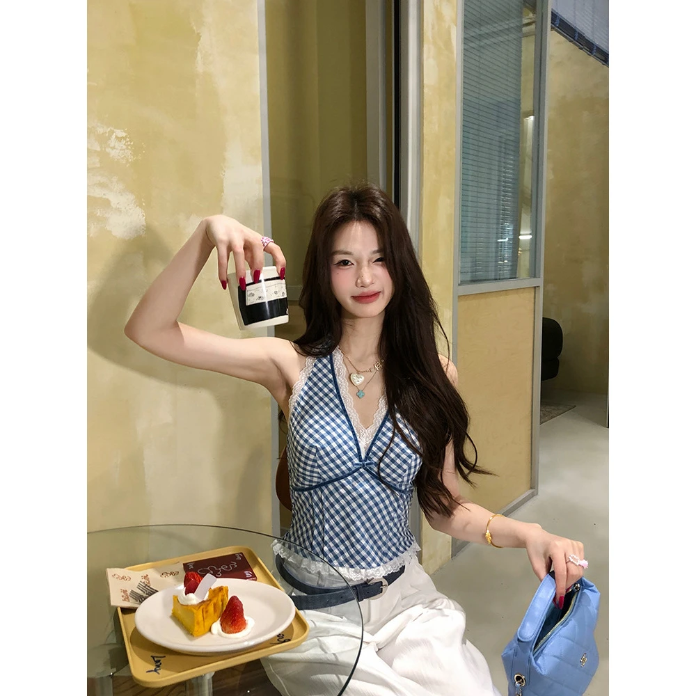 女夏季大码显瘦蕾丝拼接格纹挂脖无袖带胸垫外穿吊带背心胖mm上衣