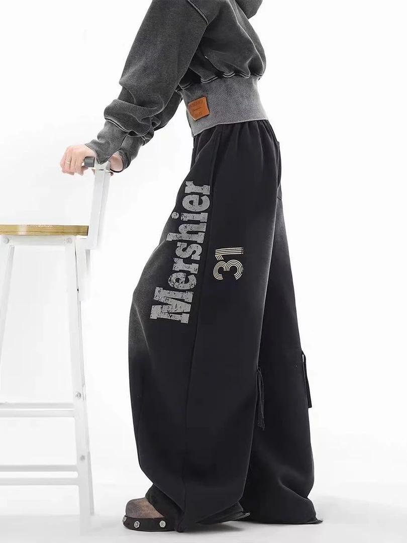 【橙橙】美式复古弯刀卫裤女2025秋季新款字母水洗渐变休闲裤