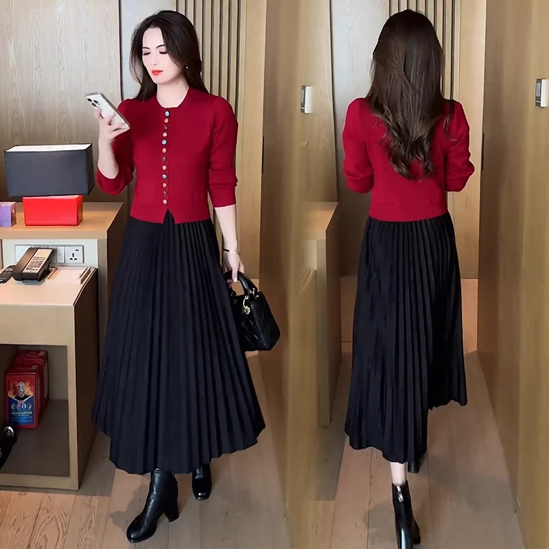 时尚洋气假两件针织连衣裙女秋冬季新款中长款打底裙子显瘦毛衣裙