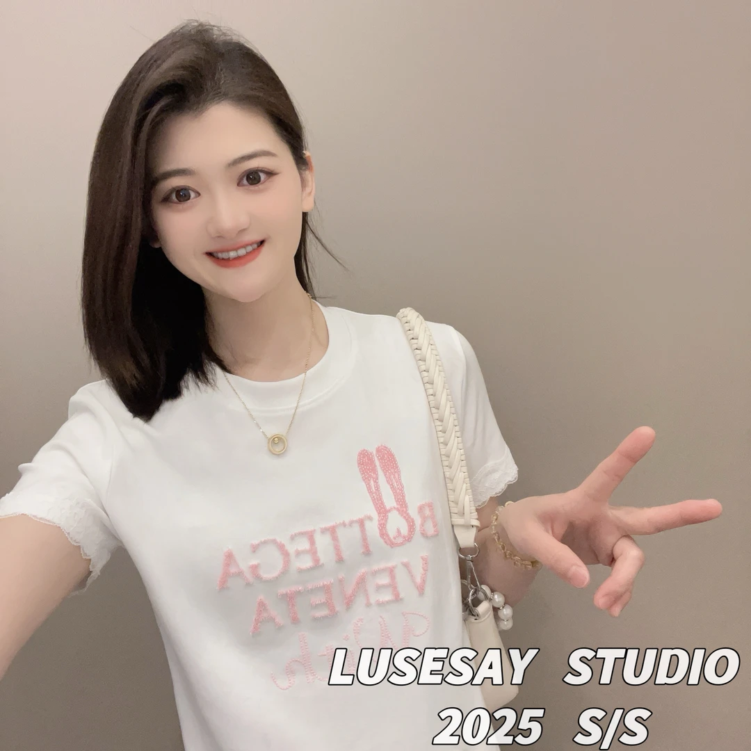 LUSESAY 设计感刺绣蕾丝花边 夏季2025新款短袖t恤女百搭显瘦上衣