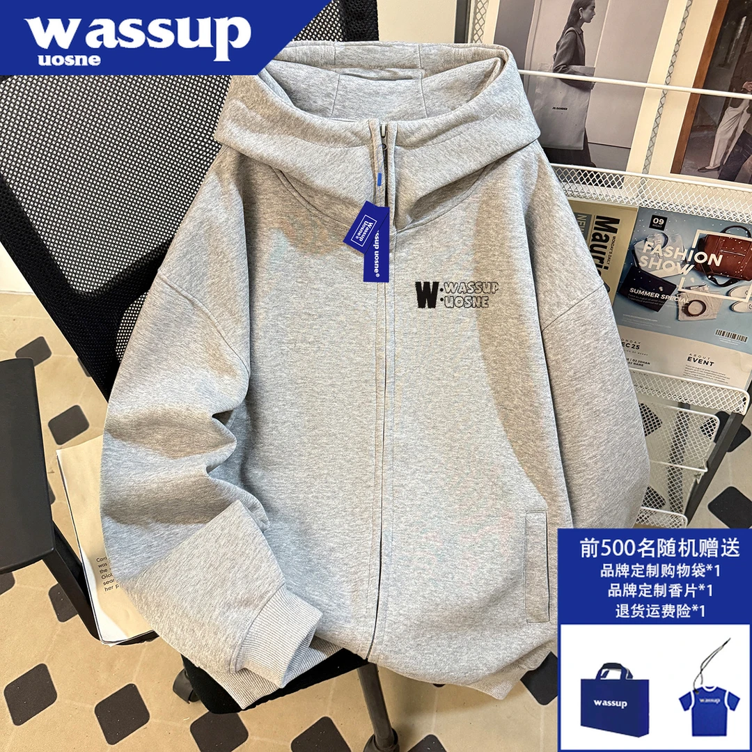 WASSUP UOSNE百搭潮流开衫外套男秋季boxy小众痞帅慵懒风连帽卫衣