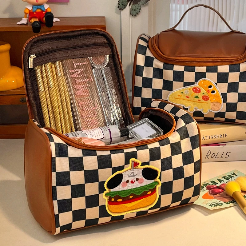 旅行防水化妆包女复古高级感网格收纳包手提便携大容量黑色洗漱包