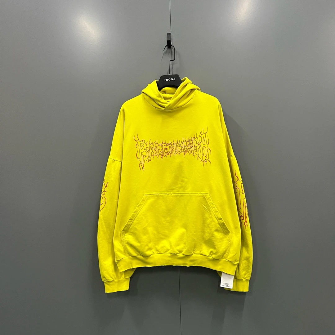 99新 Balenciaga/巴黎世家 【XP】黄色字母logo麒麟臂帽衫 2码