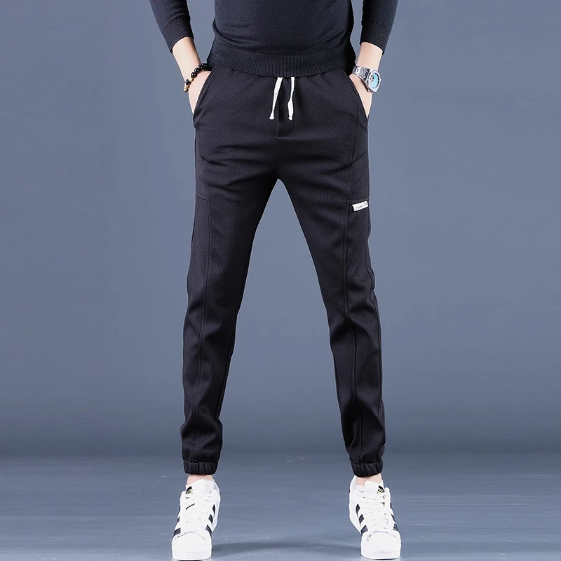春秋季高档男士休闲裤时尚帅气抽绳小脚裤修身显高舒适弹力运动裤