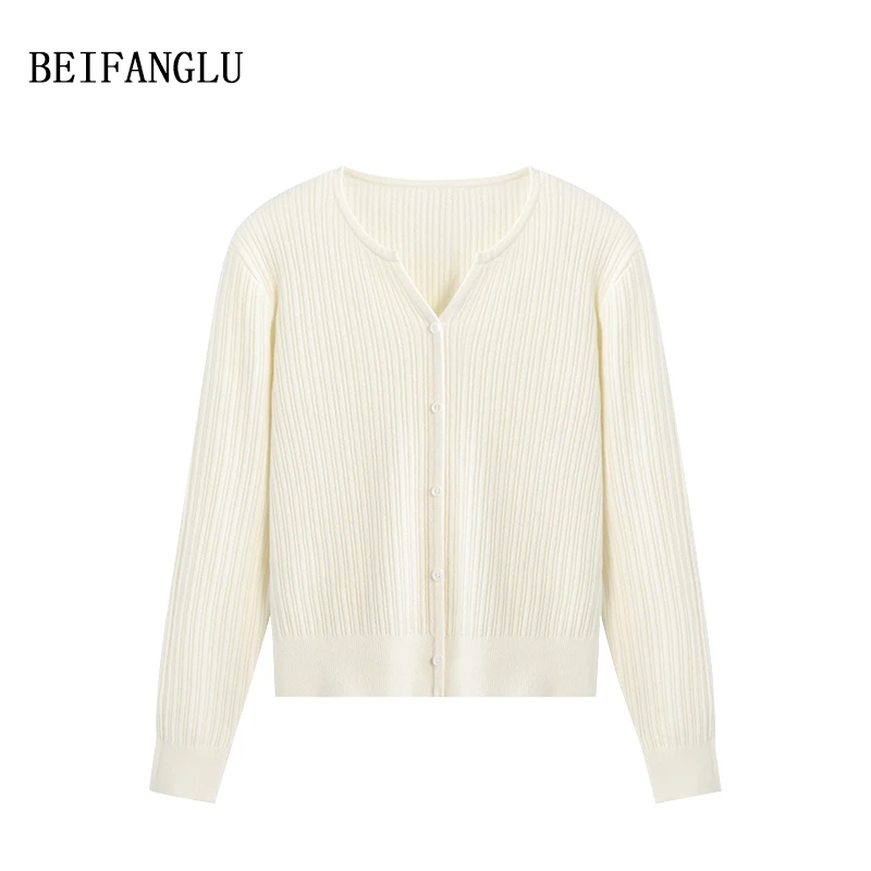 北方鹿【知性通勤穿搭】绵羊毛2025早春气质坑条亮丝V领针织衫2891