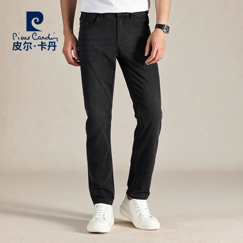 【夏季薄款】皮尔卡丹黑色休闲宽松时尚百搭直筒男士牛仔裤22506