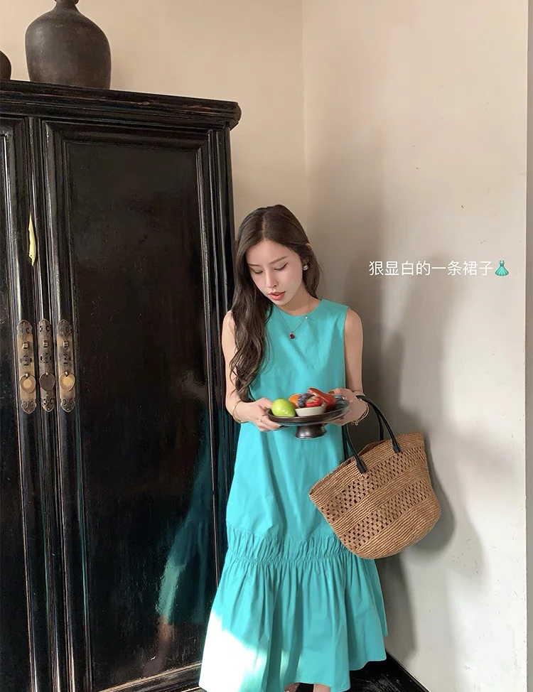 灰灰呀！9935 薄荷汽水 韩系复古设计感背后褶皱无袖背心连衣裙