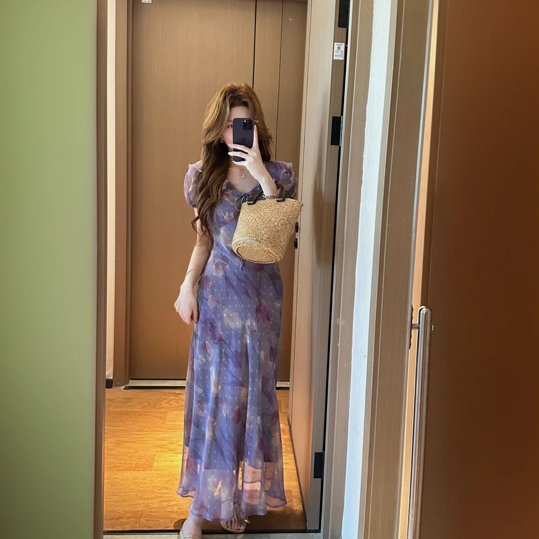 法式淑女碎花连衣裙2025夏季新款系带温柔荷叶领收腰显瘦复古长裙