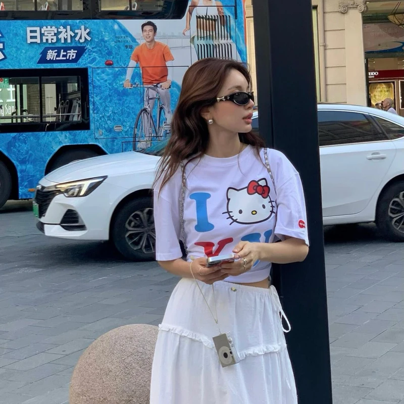 边伯贤同款kitty猫字母印花短袖男女情侣款宽松T恤上衣