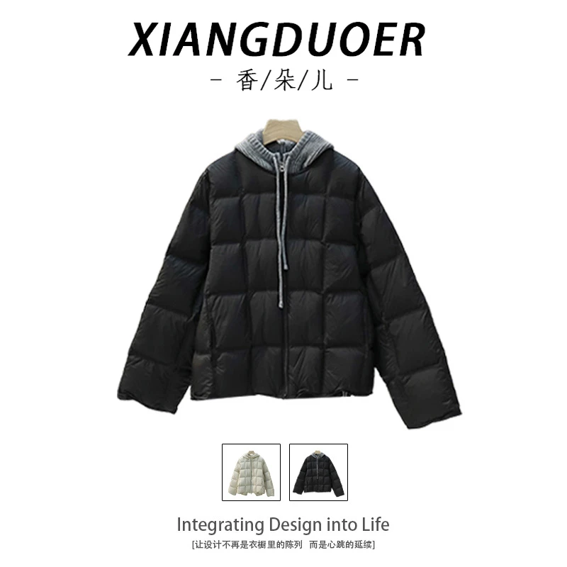 香朵儿【云朵泡芙】针织连帽方格棉服外套女秋冬新款轻薄保暖面包服