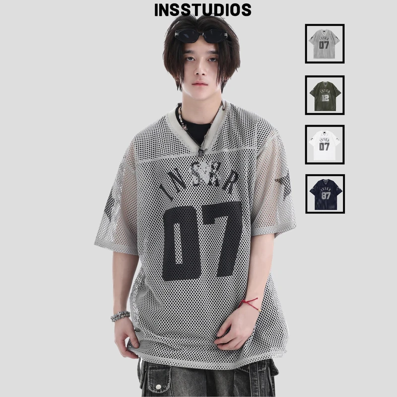 INSstudios国潮牌情侣美式凉感镂空大网眼罩衫宽松印花LOGO球衣