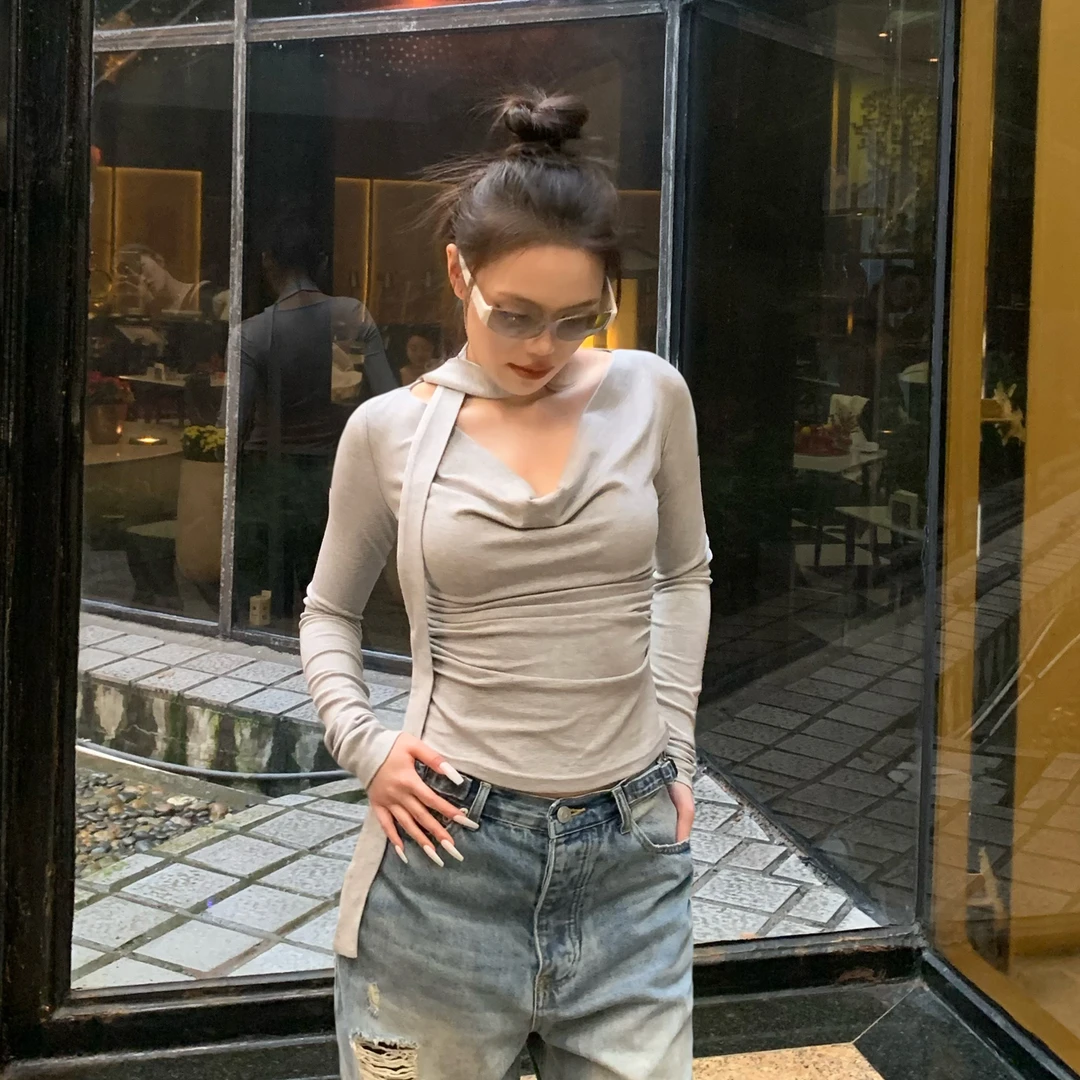 春秋新款黑色围巾领长袖T恤女气质纯色百搭修身系带高级感打底衫