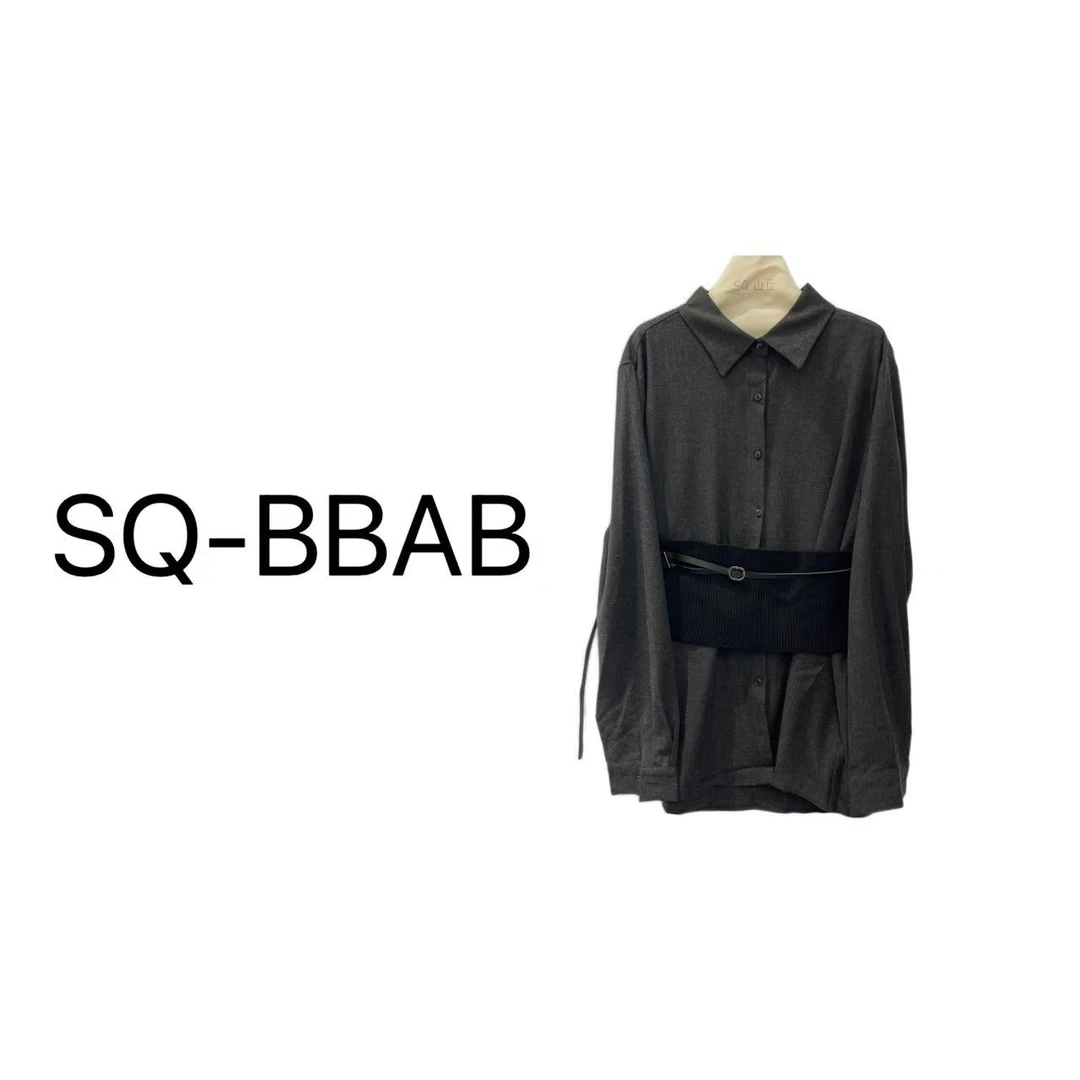 21270大码纯色翻领带腰封腰带三件套衬衫