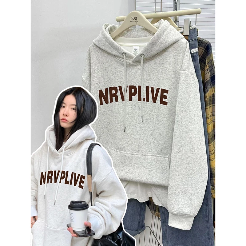 秋冬厚款字母印花慵懒风长袖卫衣情侣连帽宽松百搭oversize上衣潮