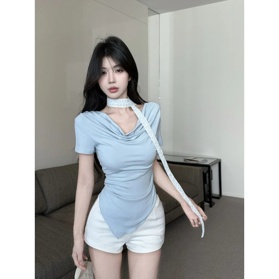 春夏独特蓝色飘带不规则荡领短袖t恤女设计感韩系甜辣妹修身上衣