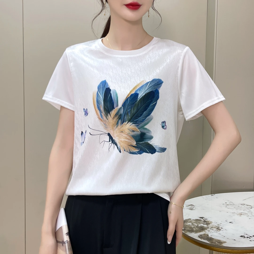 1448夏季丝滑缎面冰凉感女半袖T恤洋气AB拼接短袖