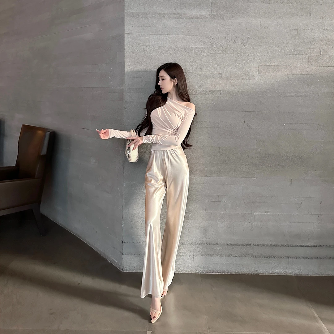 SX善喜3色入高级感醋酸缎面阔腿裤女高腰宽松显瘦气质百搭长裤子