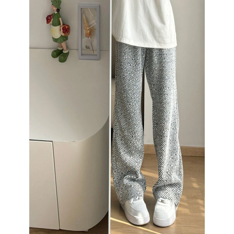 黑色针织条纹裤子男春季痞帅坠感直筒阔腿裤cleanfit休闲运动卫裤