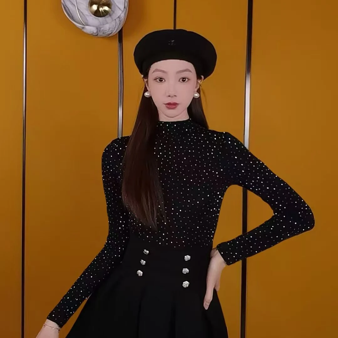 洋气网红法式名媛亮晶晶修身重工镶钻百搭时尚显瘦上衣