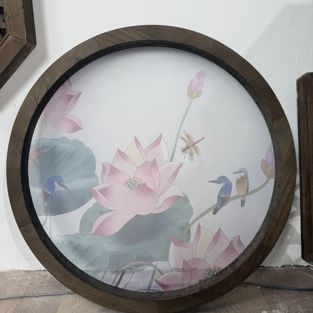 圆形苏绣荷花成品装饰挂画玄关书房客厅沙发墙新中式手工刺绣挂画