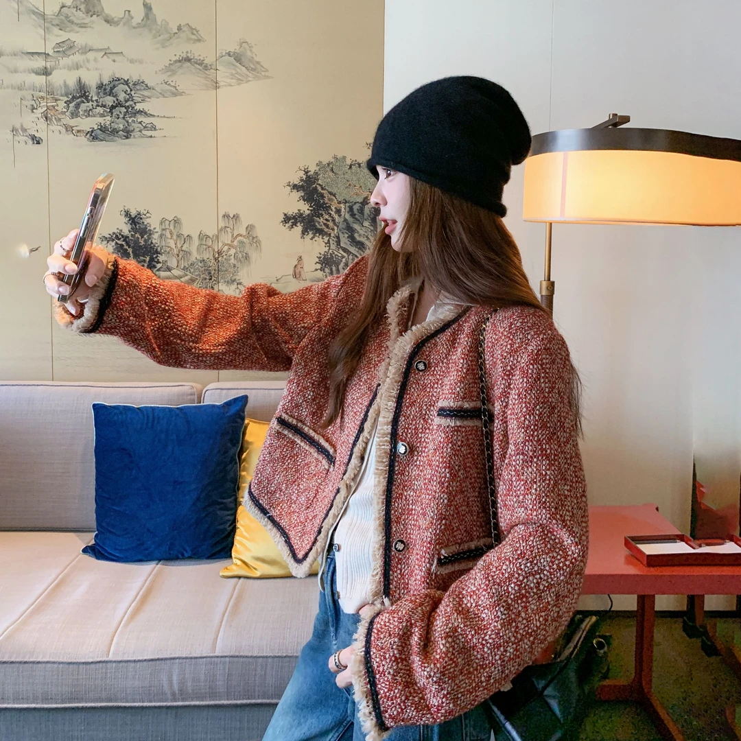 高级感红色轻奢名媛小香风外套2025年新款早春季毛毛边短款上衣女