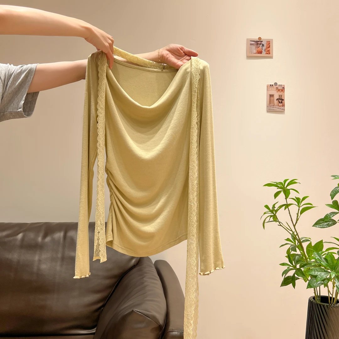 纯欲风绿色荡领露肩长袖打底衫2025年春秋季领口围脖飘带设计上衣