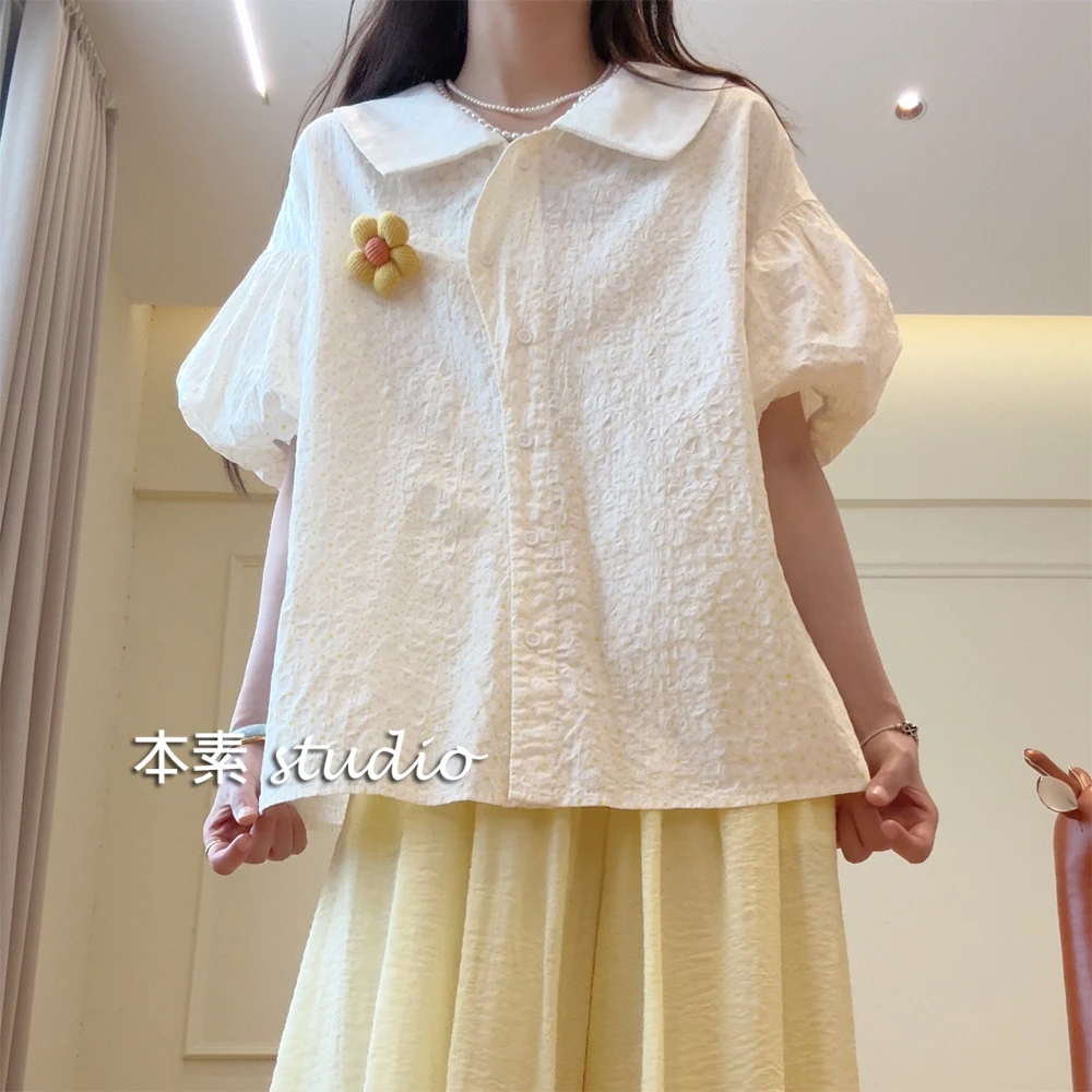 波点娃娃衫Y2750波点不规则门襟娃娃领短袖衬衫