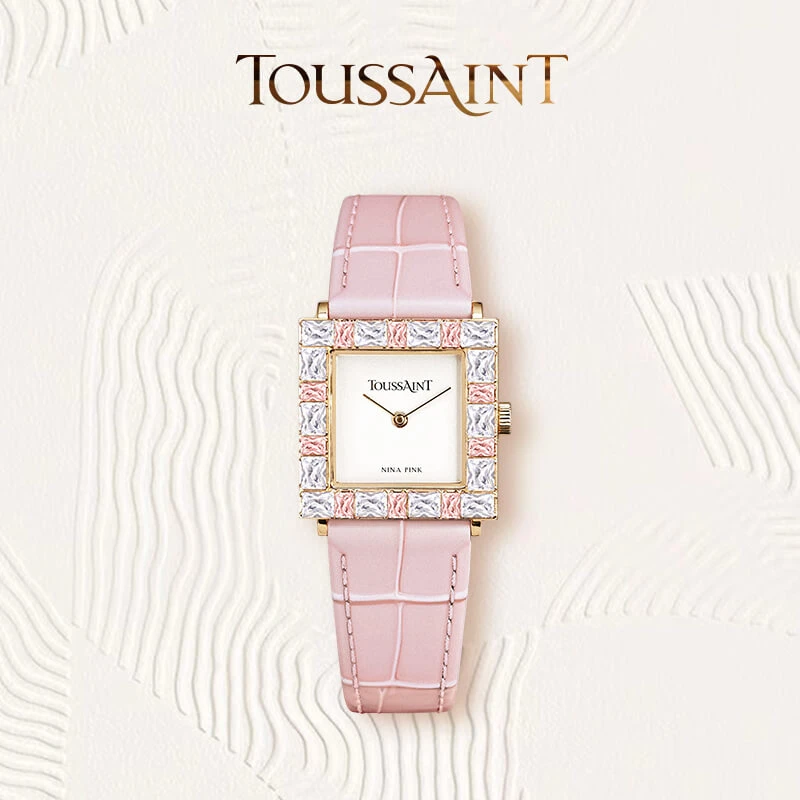 toussaint/杜桑大方糖时尚简约方型镶钻女生手表防水腕表粉色复古