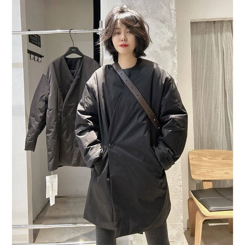 欧洲站2025春季新款洋气百搭宽松斜扣V领棉服时尚纯色中长款外套