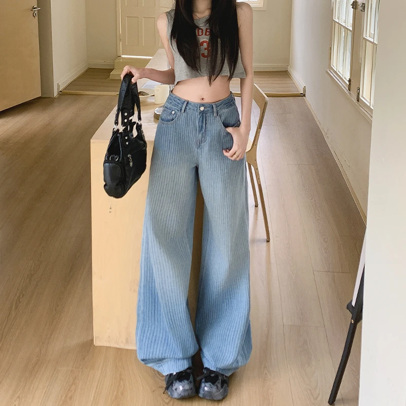 美式复古条纹阔腿牛仔裤女2025秋季新款高腰宽松设计感窄版直筒裤