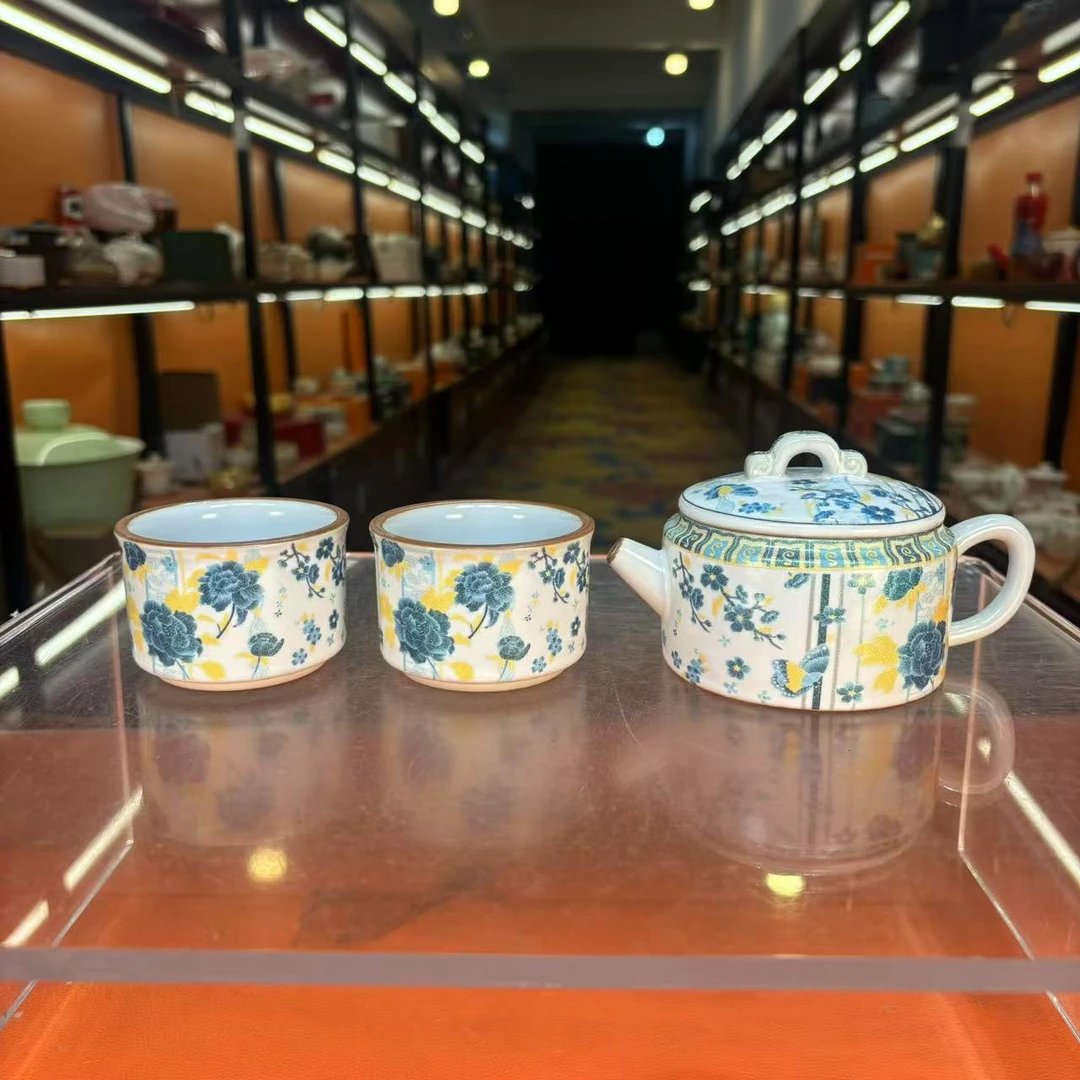 秋香茶具 月白汝窑掐银丝青花一壶两杯小套装（无礼盒）-5142