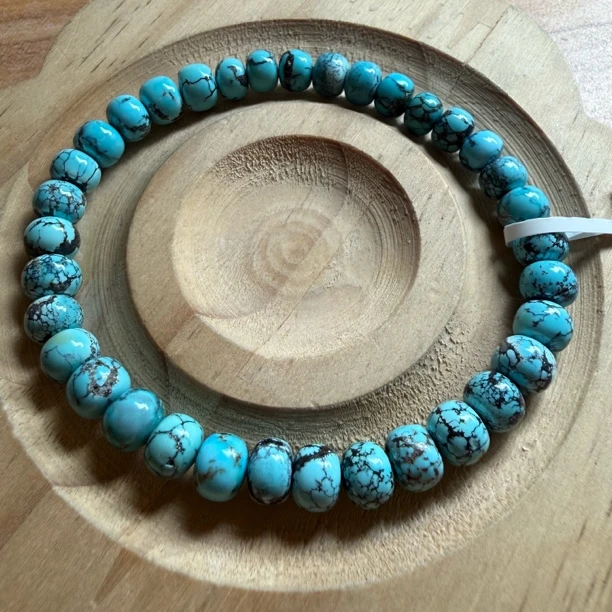 682湖北十堰原矿高瓷蓝网花绿松石老型手串6.8mm11.9克带地大证书