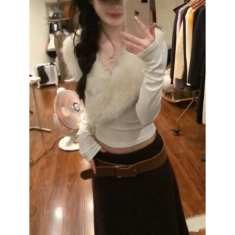 复古qq秀超大毛毛领拼接时尚设计感长袖上衣辣妹修身不规则打底衫