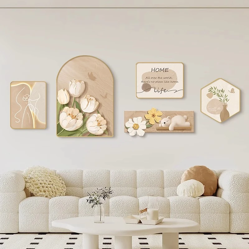 法式奶油风客厅装饰画高级感创意组合画沙发背景墙挂画抽象风景画