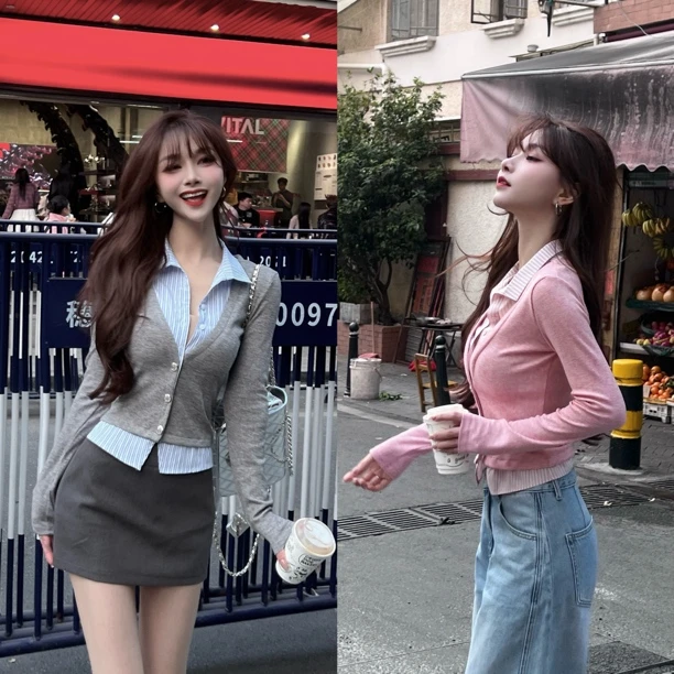 【海欧高智感】假两件气质衬衫拼接针织开衫