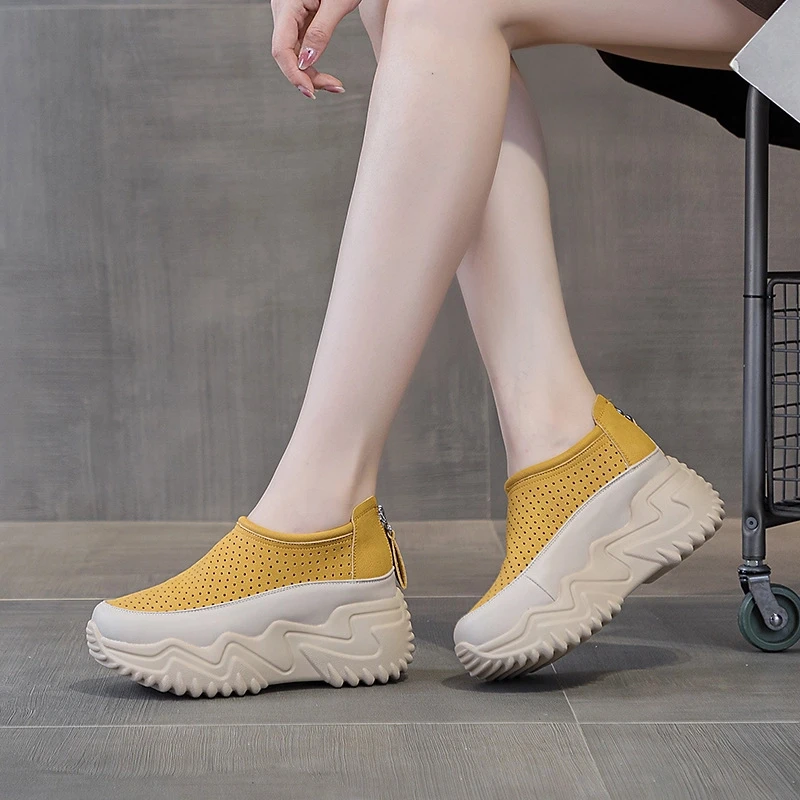 万达撤柜头层牛皮内增高7CM老爹鞋女2025秋新款镂空休闲老爹女鞋.