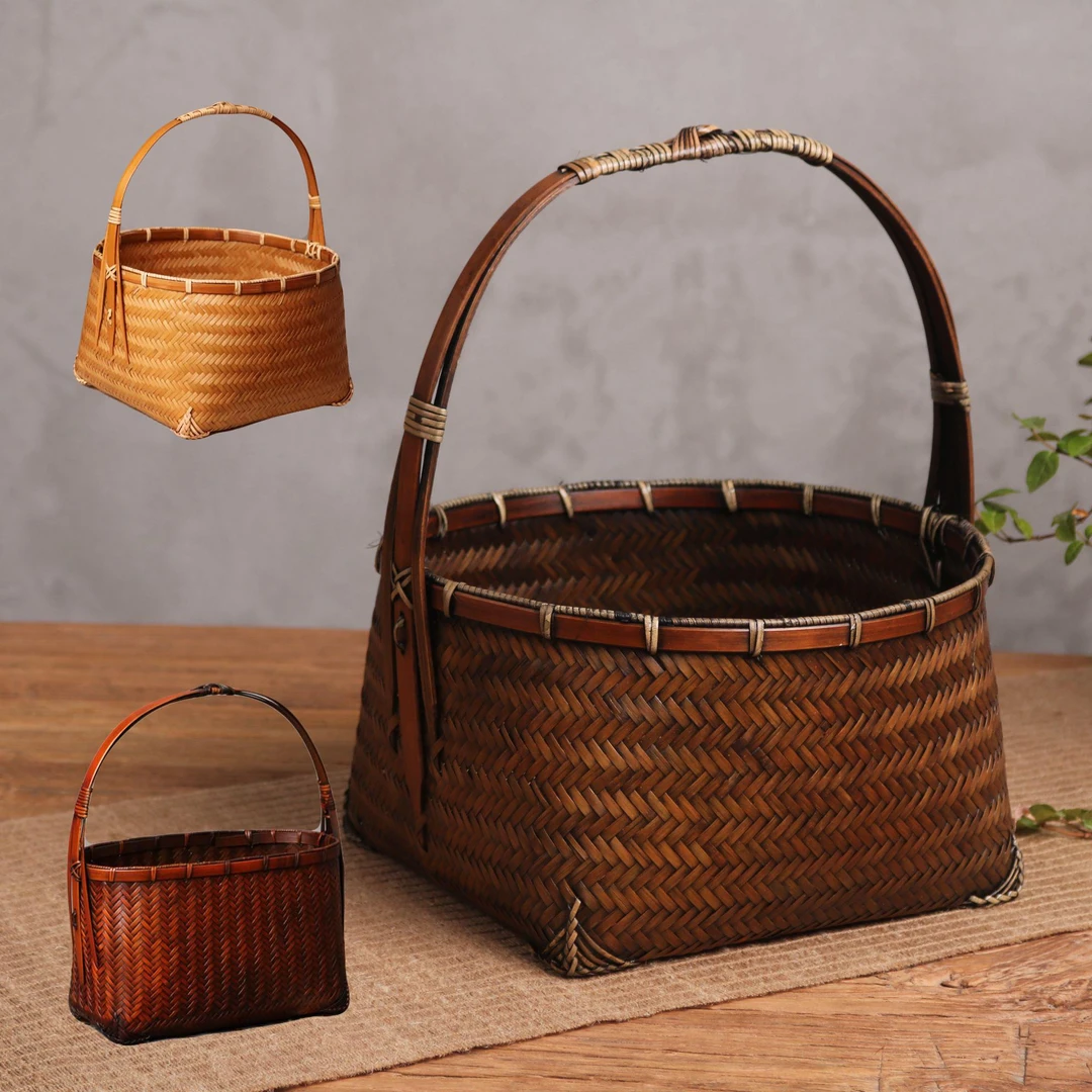 竹制品竹编收纳筐提篮纯手工手提小篮子编织竹篮复古茶道收纳包邮